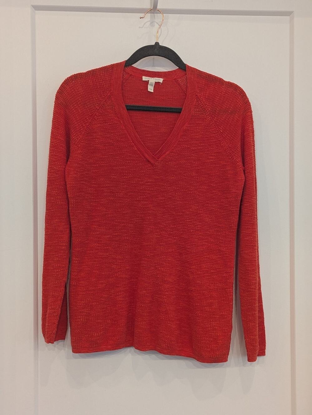 Eileen Fisher V Neck Light Sweater Organic Linen & Cotton Coral Sz Med Slub Knit